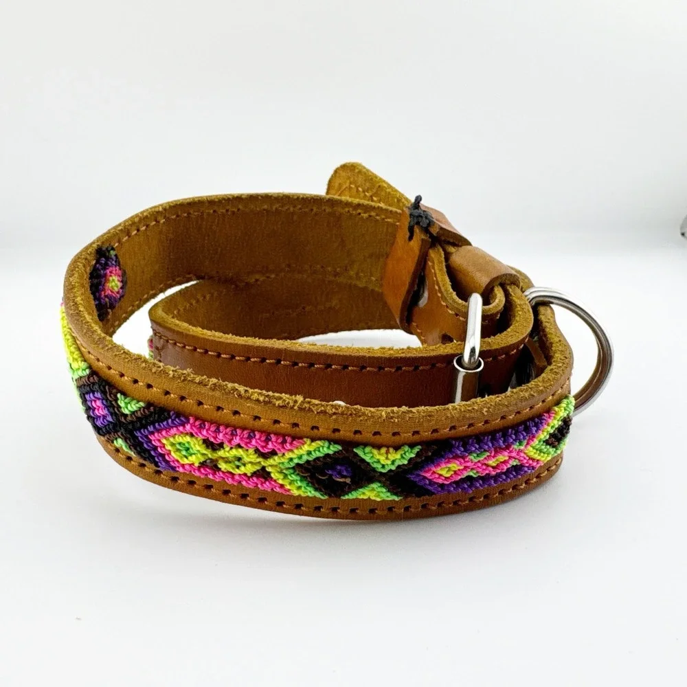 Genuine Leather Dog Collar‎ Woven Aztec Pattern Adjustable Metal Buckle D Ring